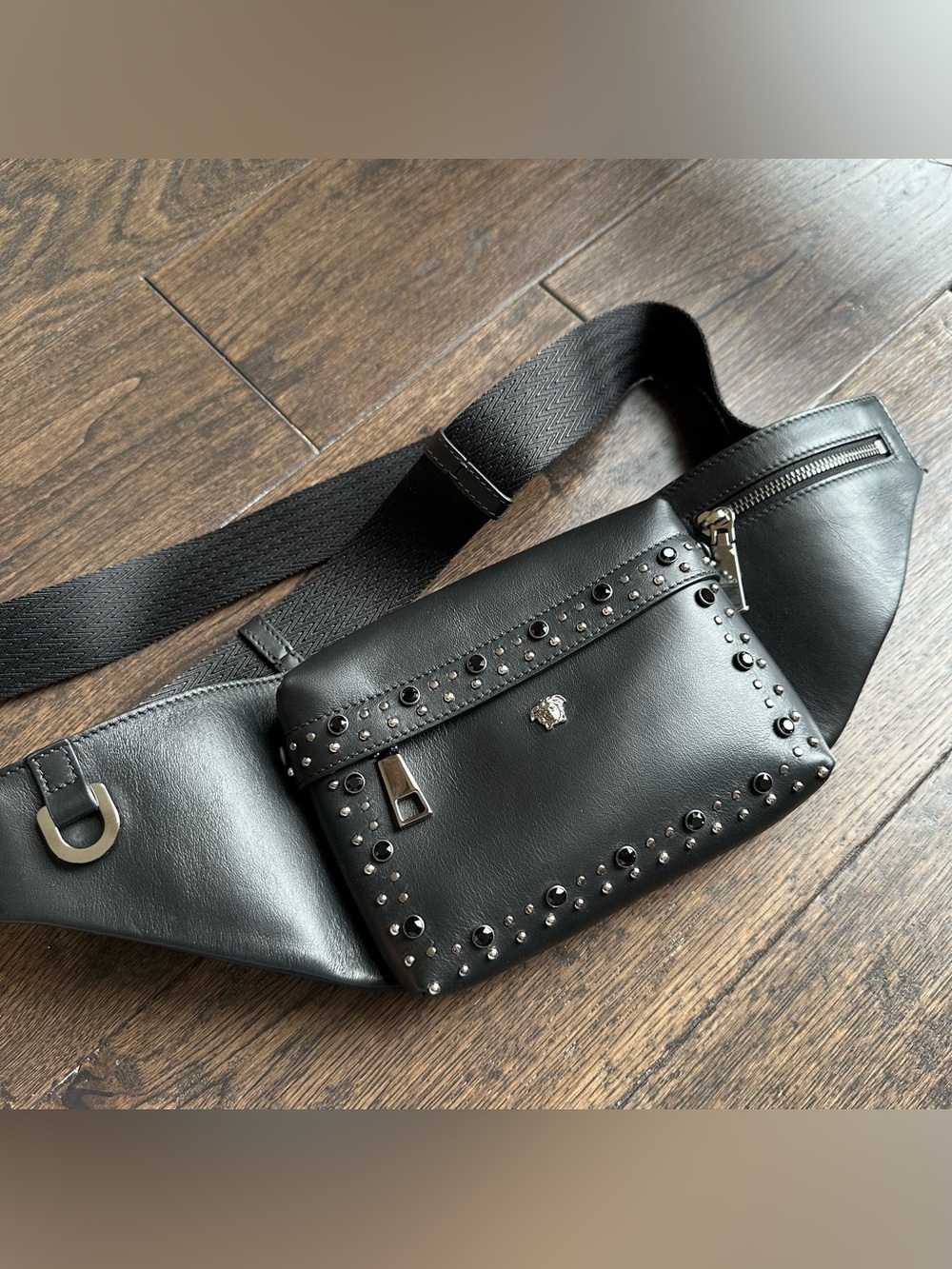 Versace Black Leather Medusa Belt Chest Bag